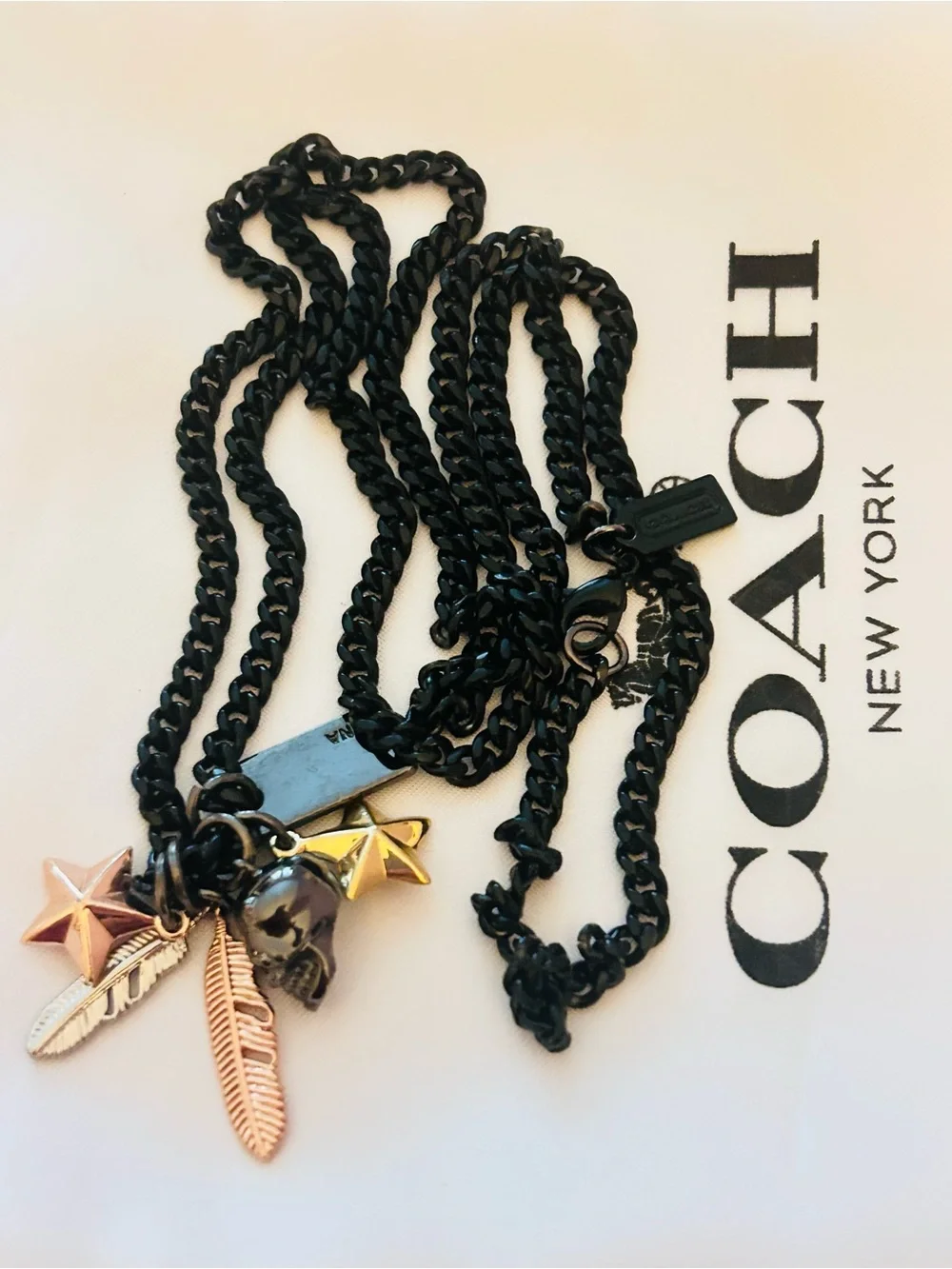 EXTREMELY RARE Coach Black Chain Necklace with Skull, Feather, Star Charms